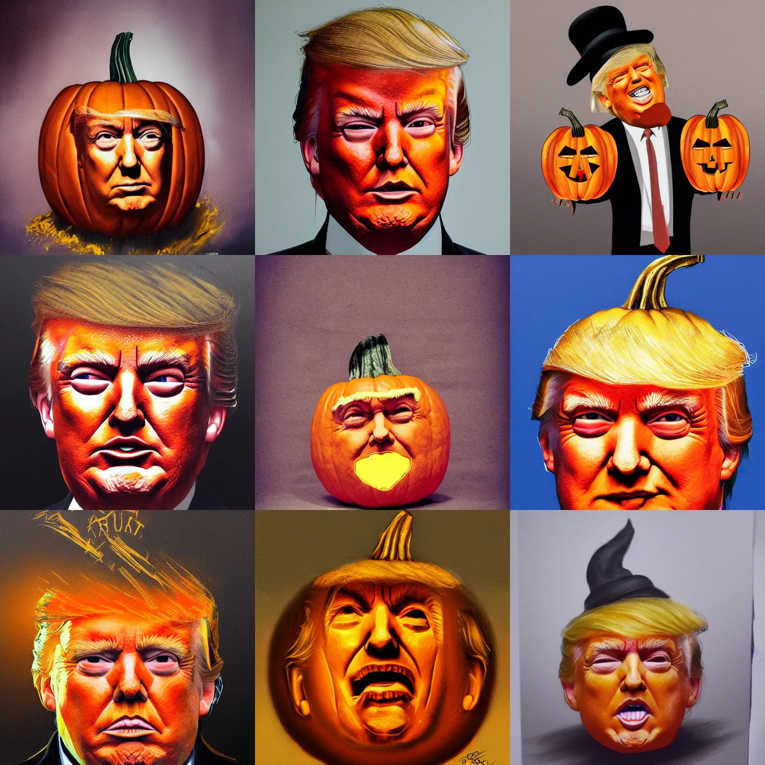 Prompt: portrait of donald trump pumpkin by greg rutkowski, mixing, fusing, blending