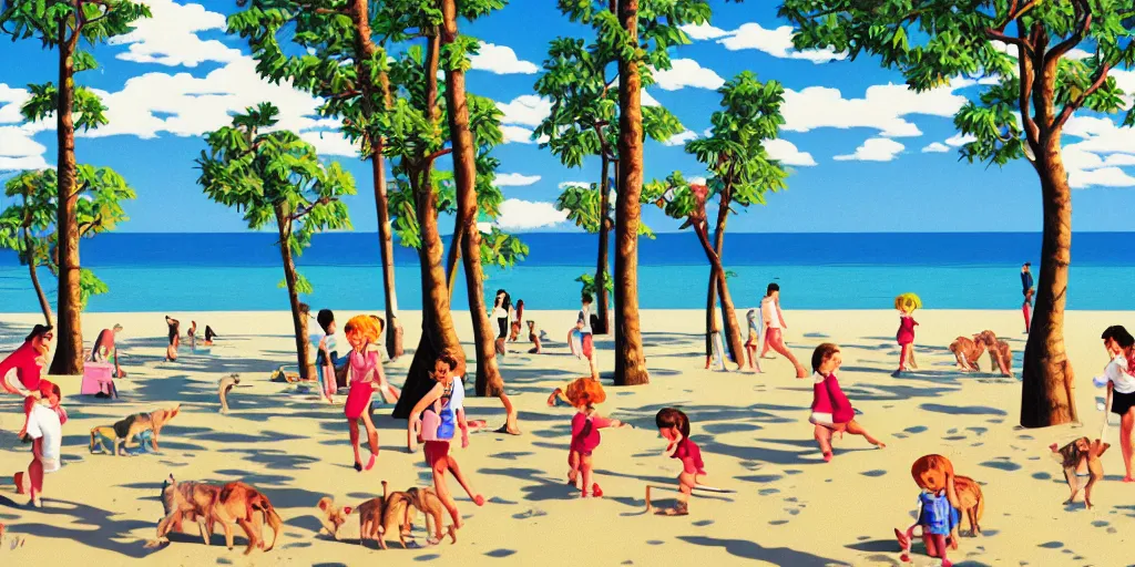 Image similar to sea, sand beach, a lot of wolves, all wolves in the world, children playground, in the forest, little girls skating, family and emma, colorful, full hd, highdetailed, hyperrealistic painting by Hiroshi Nagai