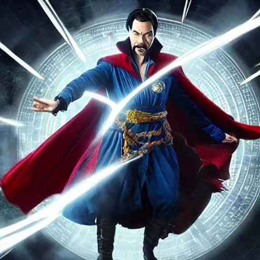 Image similar to dr. strange casting a shield spell in the metaverse, hyper realistic, highly detailed, perfect face, smooth, focus, movie still, cinematic