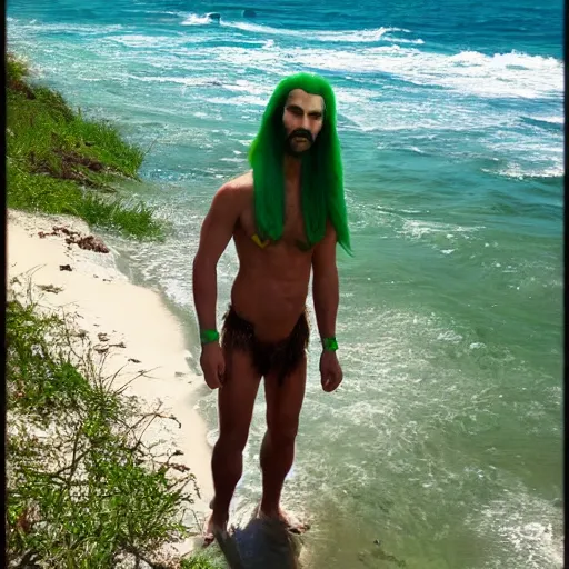 Image similar to Avatar na'vi with green beards, beach, water