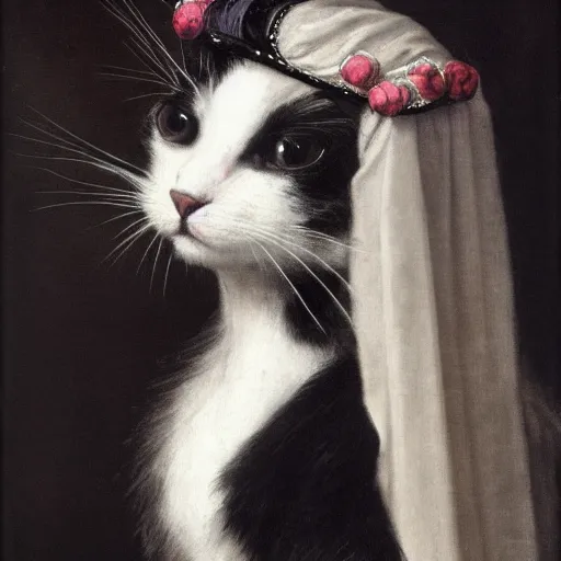 Image similar to renaissance portrait of a black and white cat wearing a crown, in the style of eugene de blaas