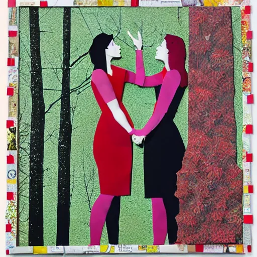 Image similar to paper collage art made of cut up magazines depicting two women kissing happily in a forest