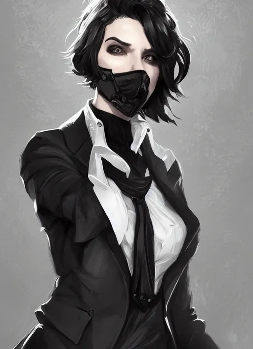 Image similar to a highly detailed illustration of beautiful short black messy haired woman wearing eyepatch!!! and noir style suit and tie, dramatic smiling pose, intricate, elegant, highly detailed, centered, digital painting, artstation, concept art, smooth, sharp focus, league of legends concept art, WLOP