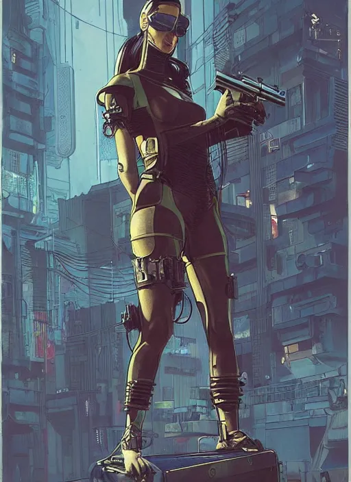 Image similar to menacing cyberpunk mercenary in tactical harbess and jumpsuit. dystopian. portrait by stonehouse and mœbius and will eisner and gil elvgren and pixar. realistic proportions. cyberpunk 2 0 7 7, apex, blade runner 2 0 4 9 concept art. cel shading. attractive face. thick lines.