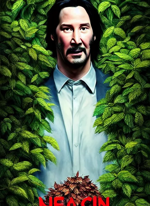 Image similar to highly detailed comedy caper movie poster with silly wacky zany keanu reeves as a sentient pile of leaves, keanu reeves green face as tree sentient leafy bush, falling through a leafy mind chasm by greg rutkowski, masterpiece, really funny, 1 0 / 1 0 comedy