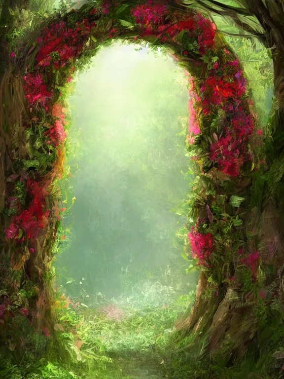 Image similar to A beautiful digital illustration painting of a floral archway in the woods , 8k resolution deviantart trending on Artstation concept art digital illustration