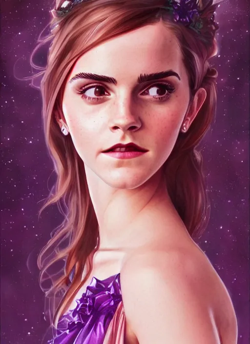 Prompt: full figure emma watson at the yule ball wearing revealing elegant pink and purple dress with flounces. beautiful detailed face. by artgerm and greg rutkowski and alphonse mucha