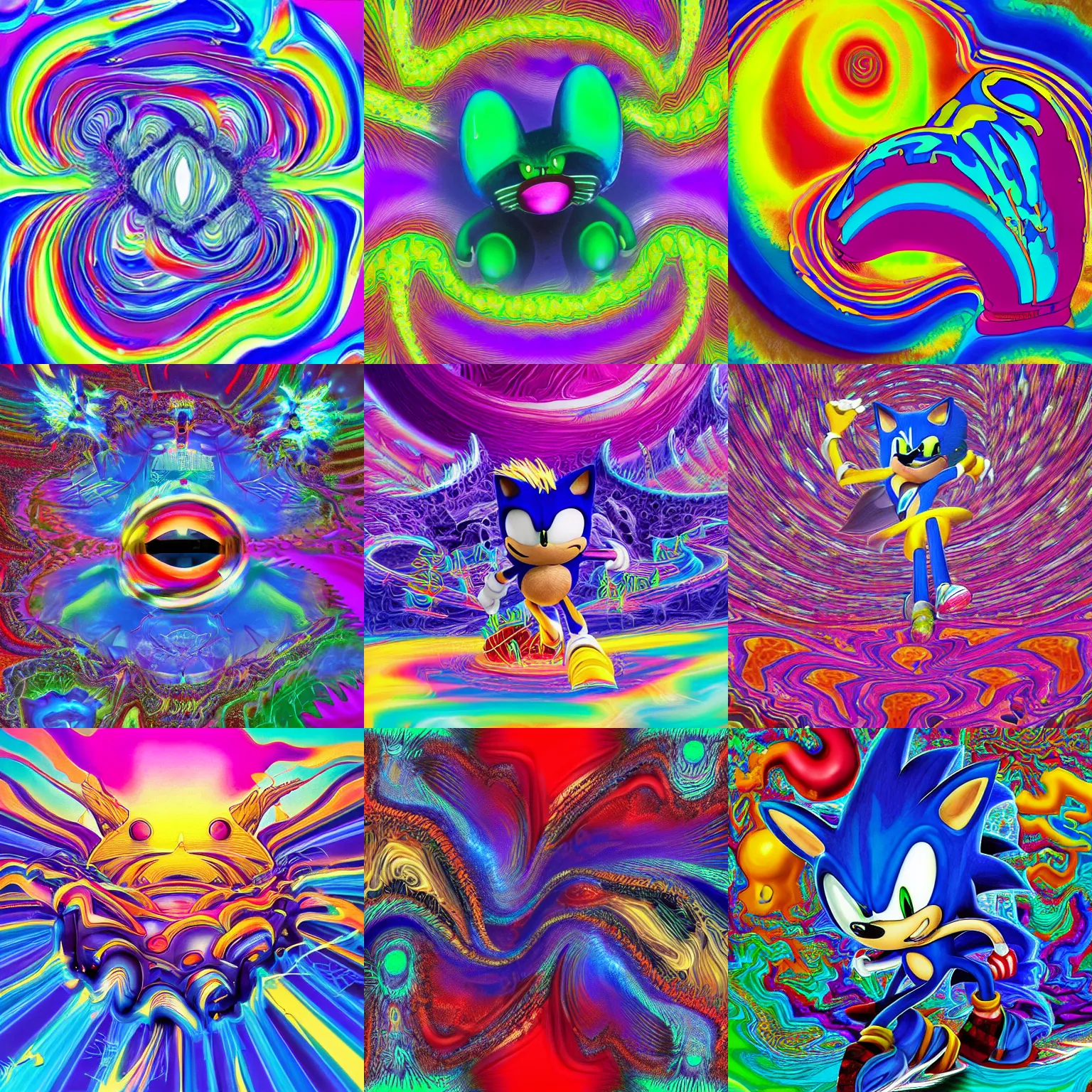 Prompt: surreal, sonic hedgehog, hopalong fractal, detailed professional, high quality portrait sonic airbrush art tame impala album cover portrait of a liquid dissolving LSD DMT sonic the hedgehog surfing through cyberspace, purple checkerboard background, 1990s 1992 Sega Genesis video game album cover