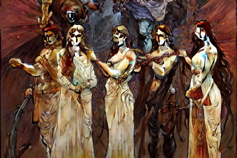 Image similar to the four horsemen of the apocalypse, painting by greg rutkowski and alphonse mucha