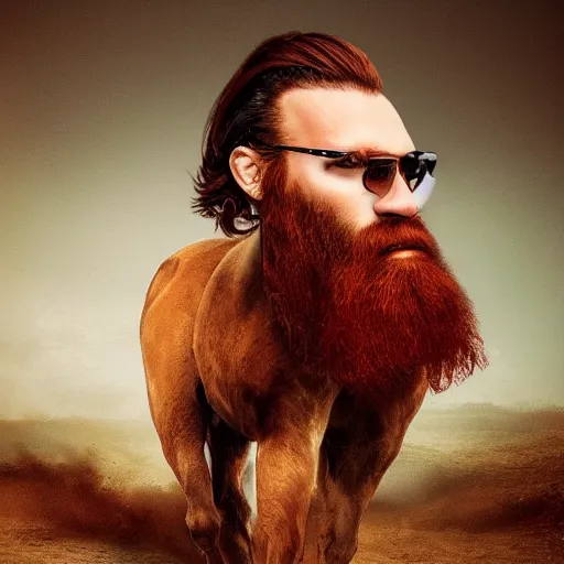 Image similar to a chimera of a man and a horse with a large red beard