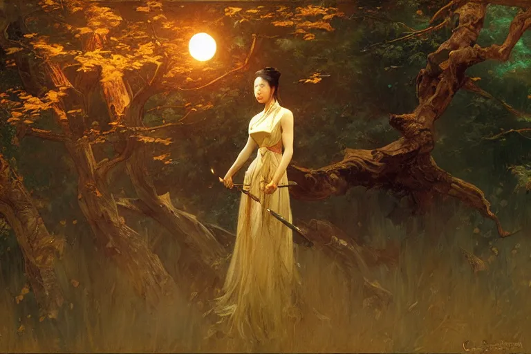 Image similar to wuxia, forest, moonlight, painting by gaston bussiere, craig mullins, j. c. leyendecker