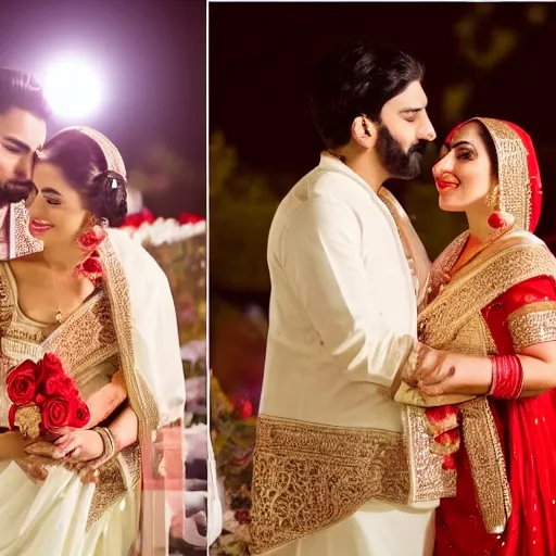 Prompt: A beautiful couple embracing each other on a bed of roses as the moon and small candles around them light up everything. The man is wearing a white punjabi. The woman is wearing a red saree.