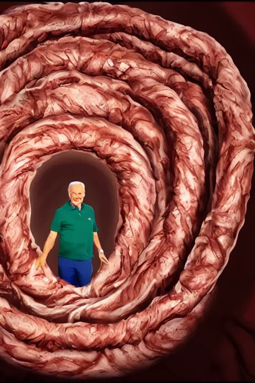 Image similar to joe biden crawling inside a giant intestine, 4 k, high definition,