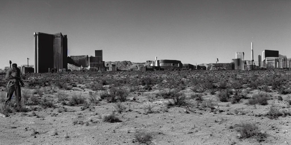 Prompt: portrait of irradiated post apocalyptic nuclear wasteland 1950s future las vegas strip black and white award winning photo highly detailed Arriflex 35 II, lighting by stanley kubrick