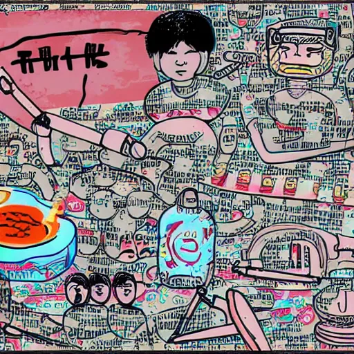 Image similar to chinese surgery operating table, in the style of daniel johnston and outsider art, 8k, line brush, overlaid with chinese adverts