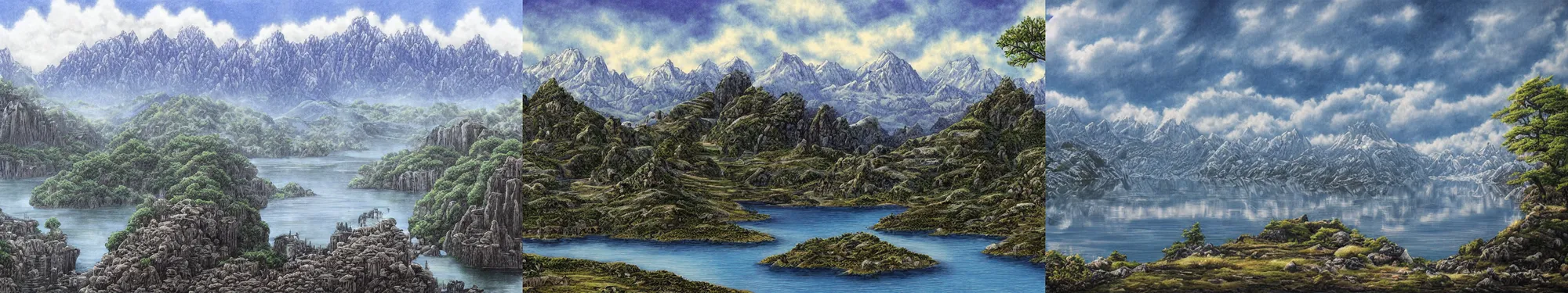 Prompt: lakeside mountains, by kentaro miura