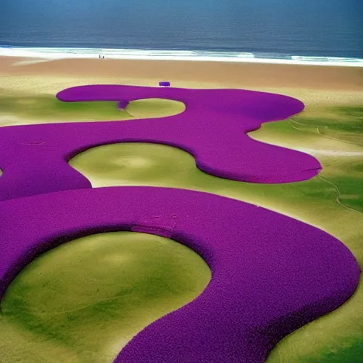 Prompt: a realitic photo of a thousand beds on the beach by Storm Thorgerson, purple color scheme