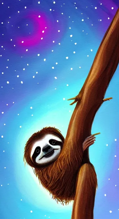 Image similar to a cute sloth hanging on a tree on a beautiful night with stars, made of beautiful colored thick flowing dramatic brush strokes, matte colors, trending on artstation