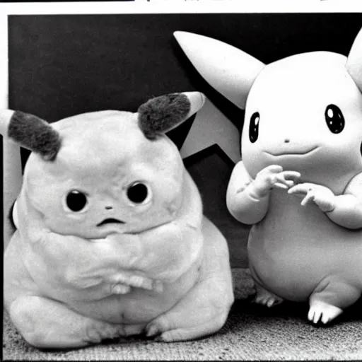 Prompt: Bubasaur and Pikachu pose for a photo, circa 1984, vintage