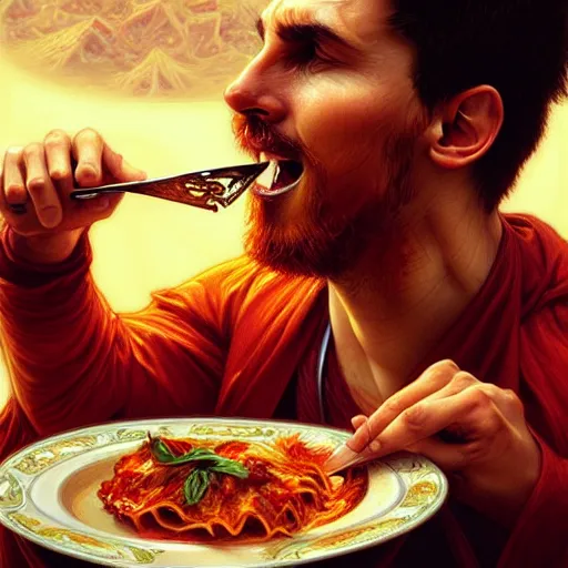 Image similar to Messi eating lasagna, closeup, D&D, fantasy, intricate, elegant, highly detailed, digital painting, artstation, concept art, matte, sharp focus, illustration, art by Artgerm and Greg Rutkowski and Alphonse Mucha