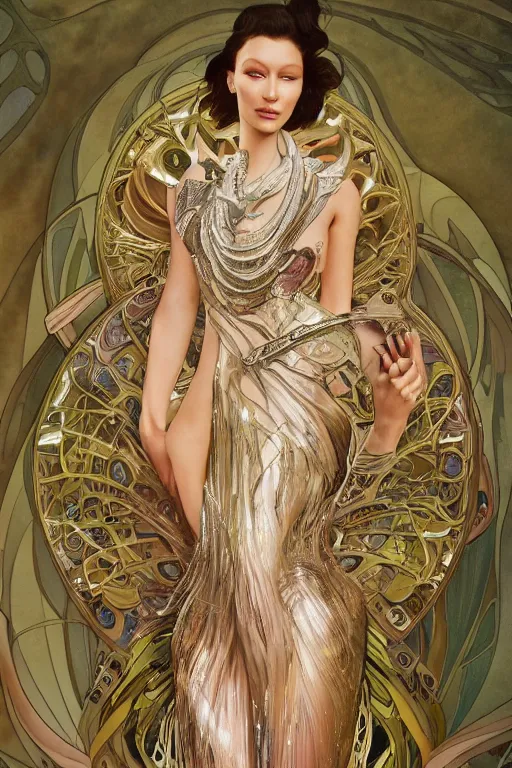 Image similar to a highly detailed painting of a beautiful alien goddess bella hadid in iris van herpen dress schiaparelli in diamonds in style of alphonse mucha art nuvo octane render