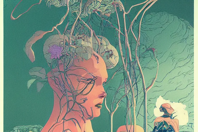 Image similar to gigantic woman head, a lot of exotic vegetation around, trees, flowers, risograph!, oldschool vintage sci - fi flat surreal design, super - detailed, fullshot, painting by moebius