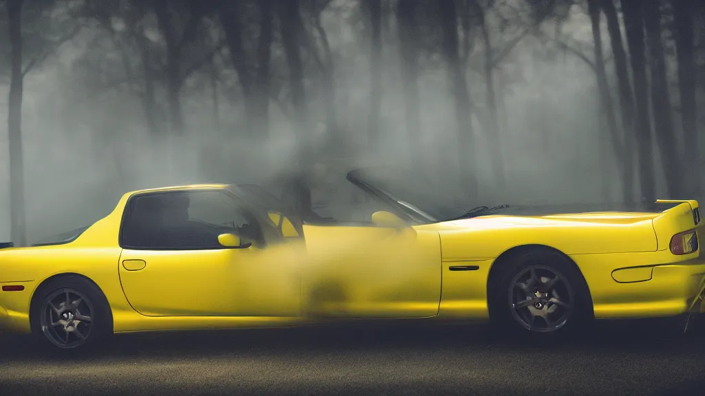 Prompt: a yellow jdm mazda rx - 7, cinematic, long exposure, white balance, 8 k, led, lumen global illumination, fog, ray tracing reflections