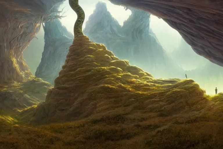 Image similar to amazing concept painting, by Jessica Rossier and HR giger and Beksinski, prophecy, hallucination, cliff face terraces of fantasy foliage, Angel of the LORD, Adam, Eve, Serpent, garden of eden, lush fruit orchard stream and rock garden