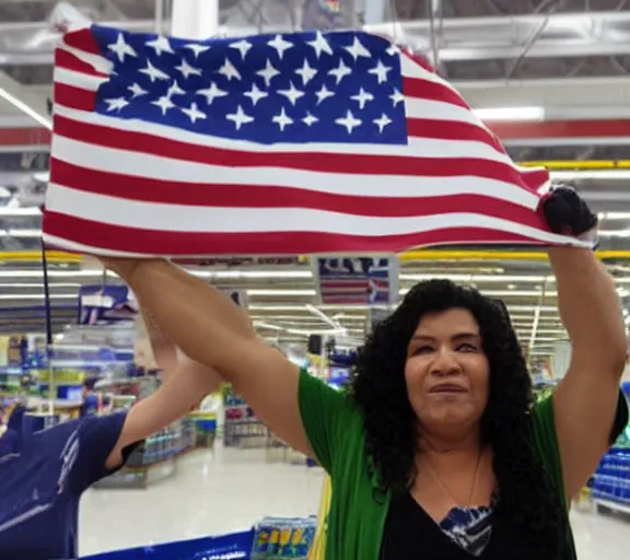 Prompt: A woman holding up a flag at Wal-Mart