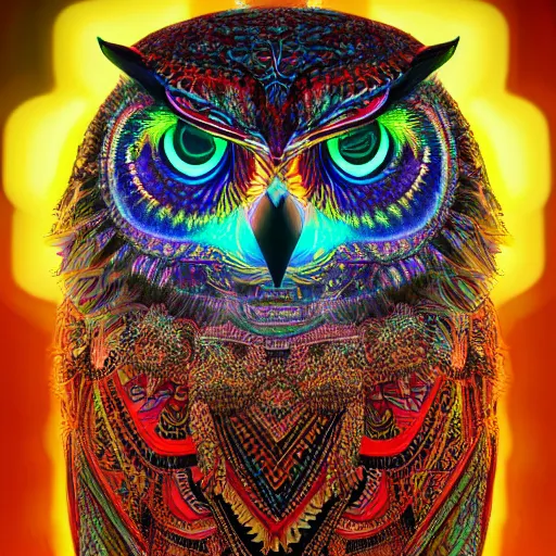 Prompt: Shambhala, neon tribal eurasian owl, pastel neon, photorealistic render 8k intricate, elegant, highly detailed, smooth, sharp focus, detailed face, high contrast, dramatic lighting, graphic novel, art by Ardian Syaf and Michael Choi