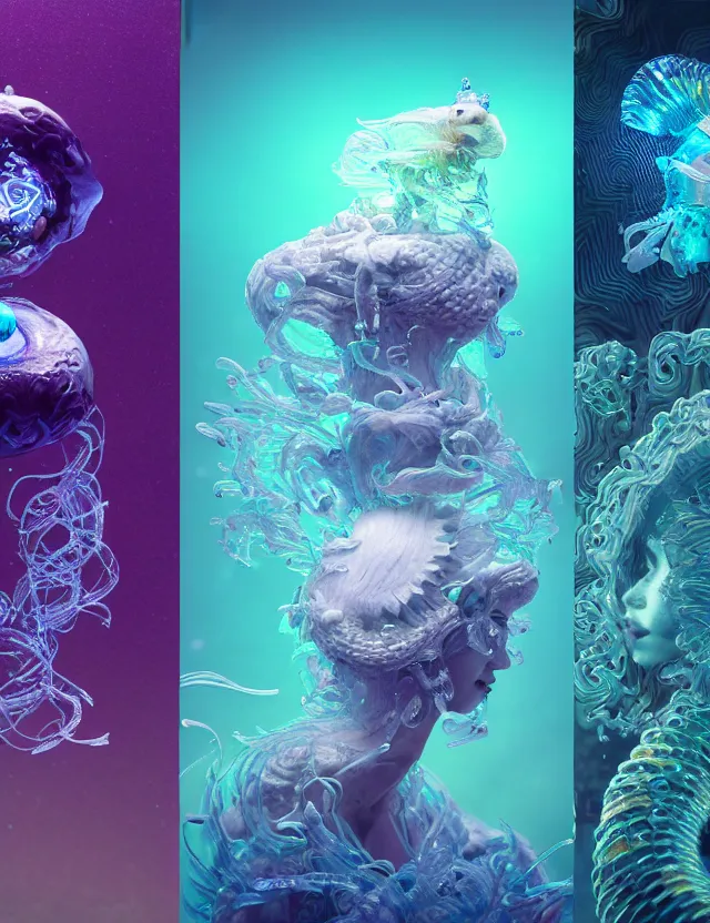 Image similar to goddess macro shouler portrait from bottom to top in crown made of ram skull. betta fish, jellyfish phoenix, bioluminiscent, plasma, ice, water, wind, creature, super intricate ornaments artwork by tooth wu and wlop and beeple and greg rutkowski