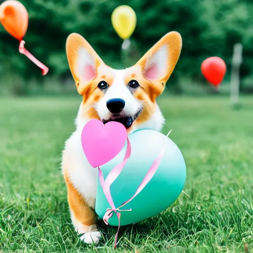 Prompt: a corgi with a heart shaped balloon, Sigma 85mm, f/1.4