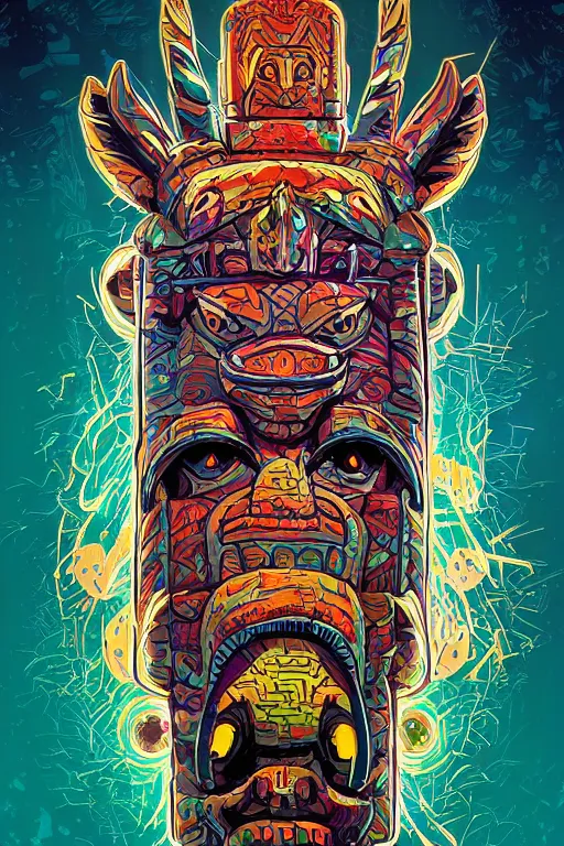 Image similar to totem animal tribal chaman vodoo mask feather gemstone plant wood rock video game illustration vivid color borderlands by josan gonzales and dan mumford radiating a glowing aura