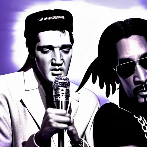 Prompt: elvis presley and snoop dog singing a duet behind a microphone stand, in las vegas, detailed, beautiful, photo, f 1. 8, album cover, photorealistic