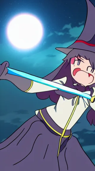 Image similar to Anime Screenshot of a LITTLE WITCH ACADEMIA unsheathing her sword at night, strong blue rimlit, visual-key, Nighttime Moonlit, anime illustration BY STUDIO TRIGGER