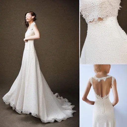 Image similar to fancy delicate knitted wedding dress in light color with fantastically beautiful openwork and pearls, fluffy in places, with an open back. hyper - realistic photo. beautiful. slim. with a beautiful full - length model face. very clear details. background for the style of the dress. luxury is a masterpiece.