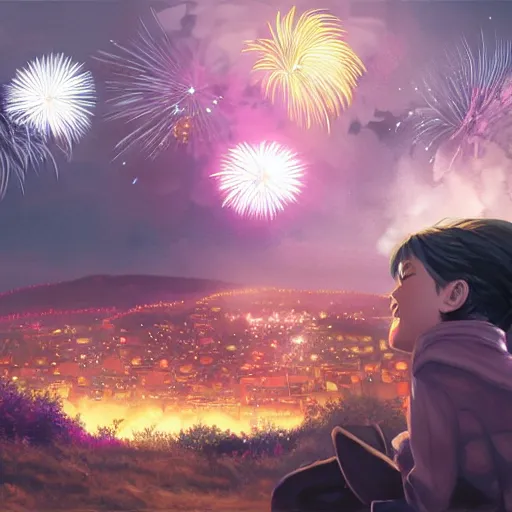 Prompt: girl watching watching fireworks on a hill, digital art, by ben weiner, richard estes, range murata, akiyuki shinbou, yoshitaka amano, wlop, highly detailed, realistic, cinematic, bold colours, dark sky, photorealism, 4 k, wide angle lens, trending on artstation, artgerm