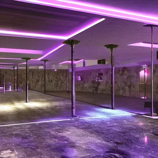 Image similar to wide angle shot of an underground night club with three levels which is located two floors underground in the parking a lot of a very stylish hotel, with minimal hip - hop lighting design, hyper realistic, octane render, award winning image