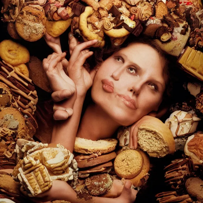 Prompt: closeup portrait of a woman drowning in cakes and cookies, by Annie Leibovitz and Steve McCurry, natural light, detailed face, CANON Eos C300, ƒ1.8, 35mm, 8K, medium-format print