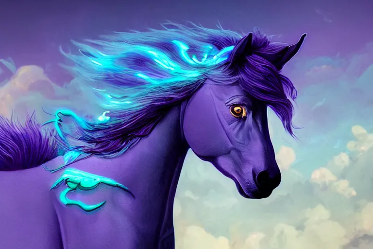 Prompt: a stunning horse with bioluminescent mane and tail running in the clouds by sandra chevrier and greg rutkowski, purple blue color scheme, vaporware, retro, outrun, high key lighting, volumetric light, digital art, highly detailed, fine detail, intricate, ornate, complex, octane render, unreal engine, photorealistic