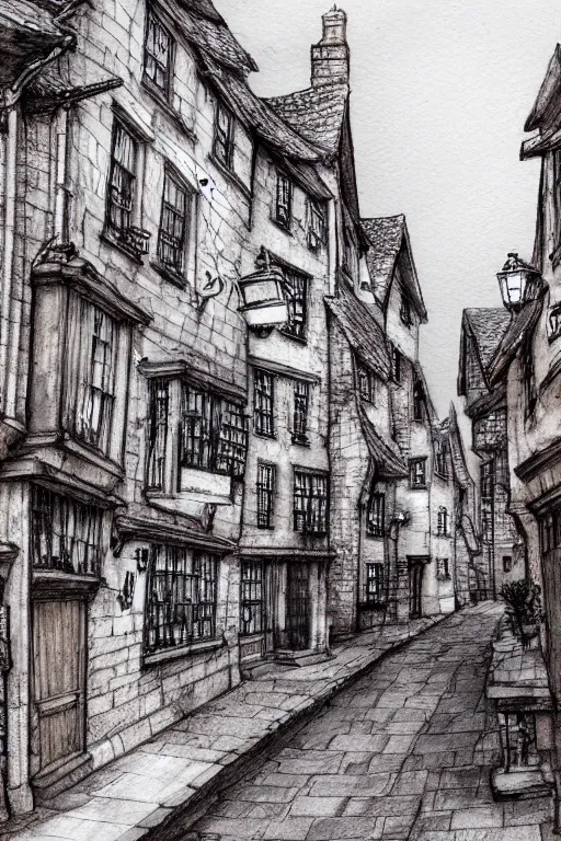 Image similar to a beautiful pen and wash sketch of the shambles and little shambles york, 8 k, frostbite 3 engine, cryengine, dof, trending on artstation, digital art, crepuscular ray,