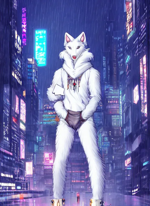 Image similar to character portrait of a male anthro white wolf fursona with a tail and a cute beautiful attractive furry face wearing stylish cyberpunk clothes in a cyberpunk city at night while it rains. hidari, color page, tankoban, 4K, tone mapping, Akihiko Yoshida.