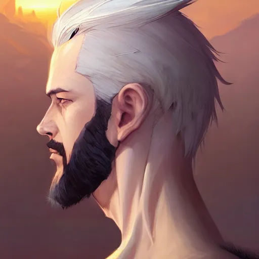 Prompt: a man with stylish white hair,an unusual beard and yellow eyes walking in a desert,character design by charlie bowater, ross tran, artgerm, and makoto shinkai, detailed, inked, western comic book art, 2021 award winning painting,digital art,art by greg rutkowski,photorealistic,highly detailed,hyperdetailed,hyperrealistoc,detailed face,surreal,fantasy,real life