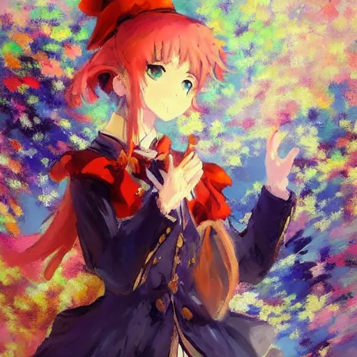 Prompt: Beautiful abstract impressionist painting of Kirisame Marisa from the Touhou project waving from afar, touhou project official artwork, danbooru, oil painting by Antoine Blanchard, wide strokes, pastel colors, soft lighting sold at an auction