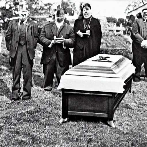 Prompt: an old photo of a funeral, with shrek laying in a casket, and donkey standing behind the lectern.