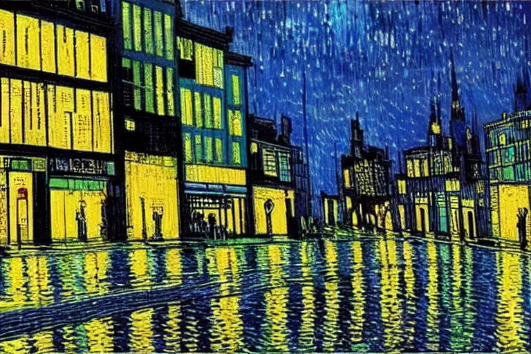 Image similar to cyberpunk city in the style of vincent van gogh