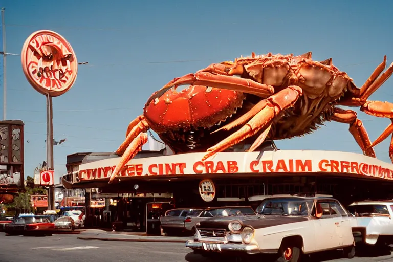 Prompt: 2 0 1 5 giant crab terrorizing a city, googie architecture, americana, fishcore, exterior photography, hd 8 k, photography cinestill