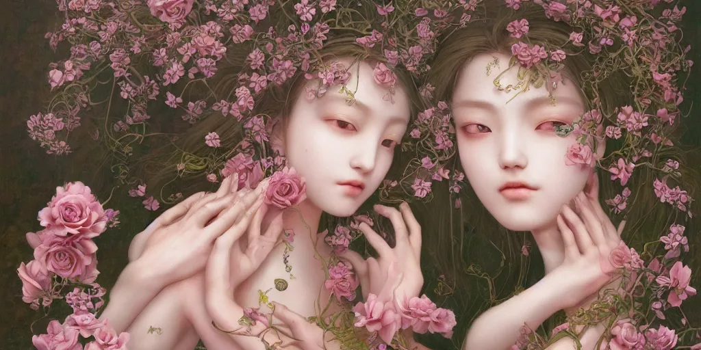 Image similar to breathtaking detailed weird concept art painting of the goddess of light pink flowers, orthodox saint, with anxious, piercing eyes, ornate background, amalgamation of leaves and flowers, by Hsiao-Ron Cheng, Miho Hirano, extremely moody lighting, 8K