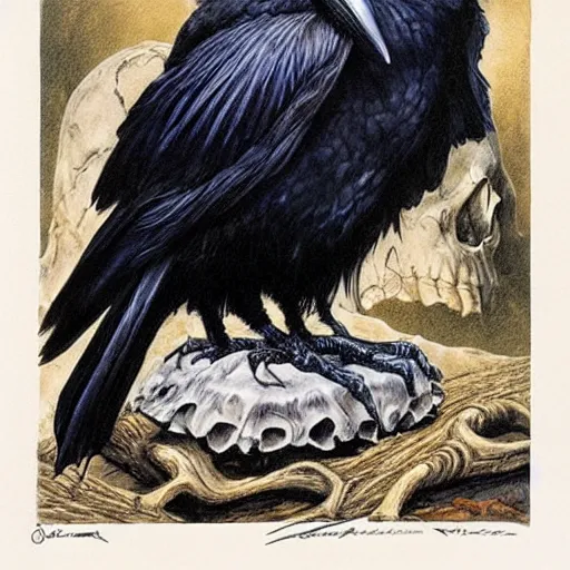Prompt: raven sitting on skull, by jeff easley