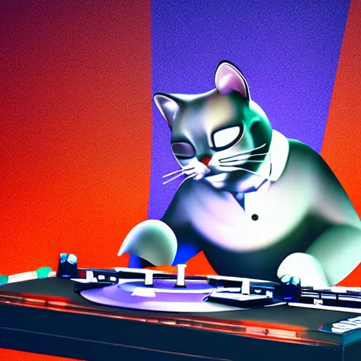 Image similar to anthropomorphic cat at a dj table spinning records, beautiful logo style, rendered in blender